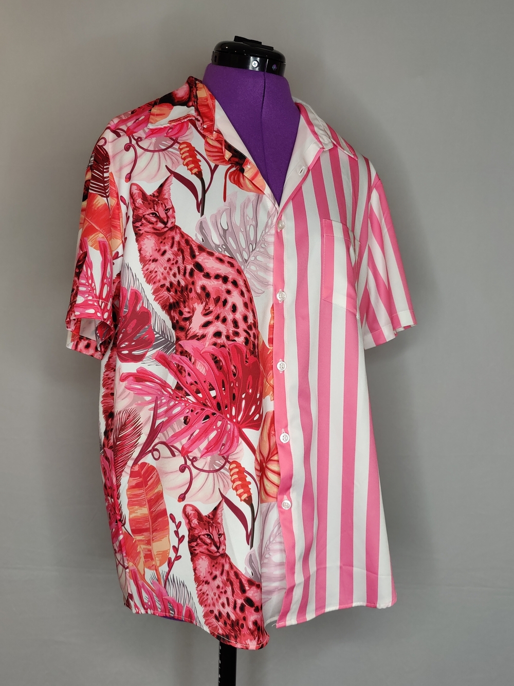 Pink Tropical Cat Print Button-Up Shirt